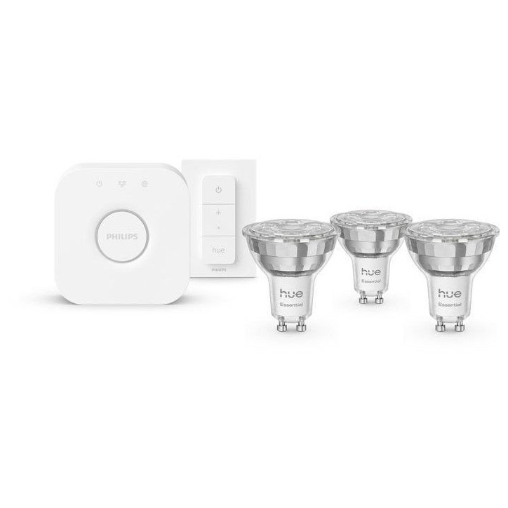 Kit de démarrage - PHILIPS HUE - Lumiere blanche et colorée ambiance -1 Bridge + 3 spots LED GU10 + 1 dimmer switch Kit de démarrage - PHILIPS HUE - Lumiere blanche et colorée ambiance -1 Bridge + 3 spots LED GU10 + 1 dimmer switch
