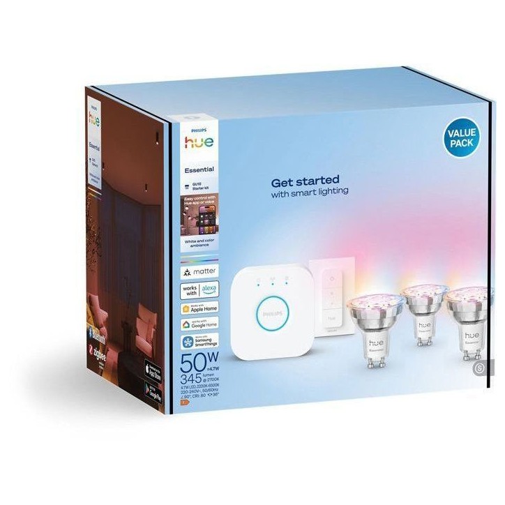 Kit de démarrage - PHILIPS HUE - Lumiere blanche et colorée ambiance -1 Bridge + 3 spots LED GU10 + 1 dimmer switch Kit de démarrage - PHILIPS HUE - Lumiere blanche et colorée ambiance -1 Bridge + 3 spots LED GU10 + 1 dimmer switch