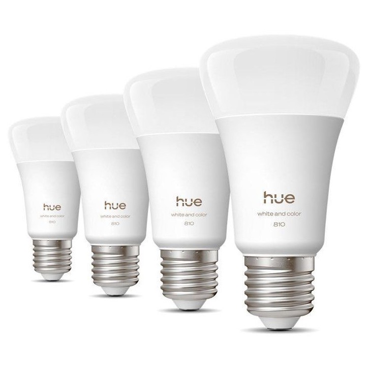 Pack de 4 ampoules LED connectées A60 - PHILIPS HUE - Lumiere blanche et colorée - Culot E27 - 6W - 1000-2000k - 810 lumens