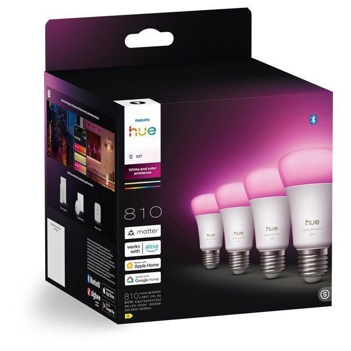 Pack de 4 ampoules LED connectées A60 - PHILIPS HUE - Lumiere blanche et colorée - Culot E27 - 6W - 1000-2000k - 810 lumens