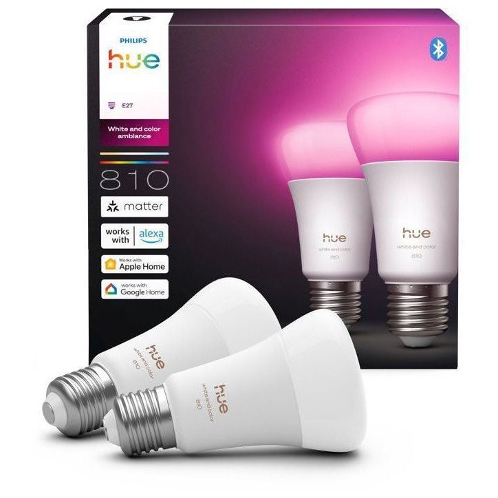 Pack de 2 ampoules LED connectées A60 - PHILIPS HUE - Lumiere blanche et colorée - Culot E27 - 6W - 1000-2000k - 810 lumens