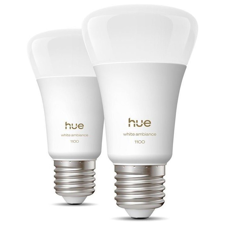 Pack de 2 ampoules LED connectées A60 - PHILIPS HUE - Lumiere blanche chaude - Culot E27 - 8,1W - 1000-2000k - 1100 lumens Pack de 2 ampoules LED connectées A60 - PHILIPS HUE - Lumiere blanche chaude - Culot E27 - 8,1W - 1000-2000k - 1100 lumens