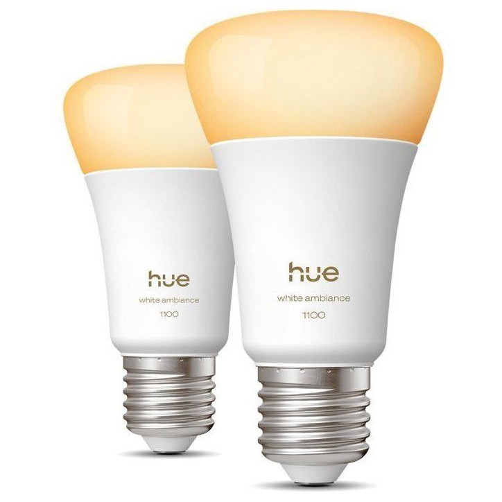 Pack de 2 ampoules LED connectées A60 - PHILIPS HUE - Lumiere blanche chaude - Culot E27 - 8,1W - 1000-2000k - 1100 lumens Pack de 2 ampoules LED connectées A60 - PHILIPS HUE - Lumiere blanche chaude - Culot E27 - 8,1W - 1000-2000k - 1100 lumens
