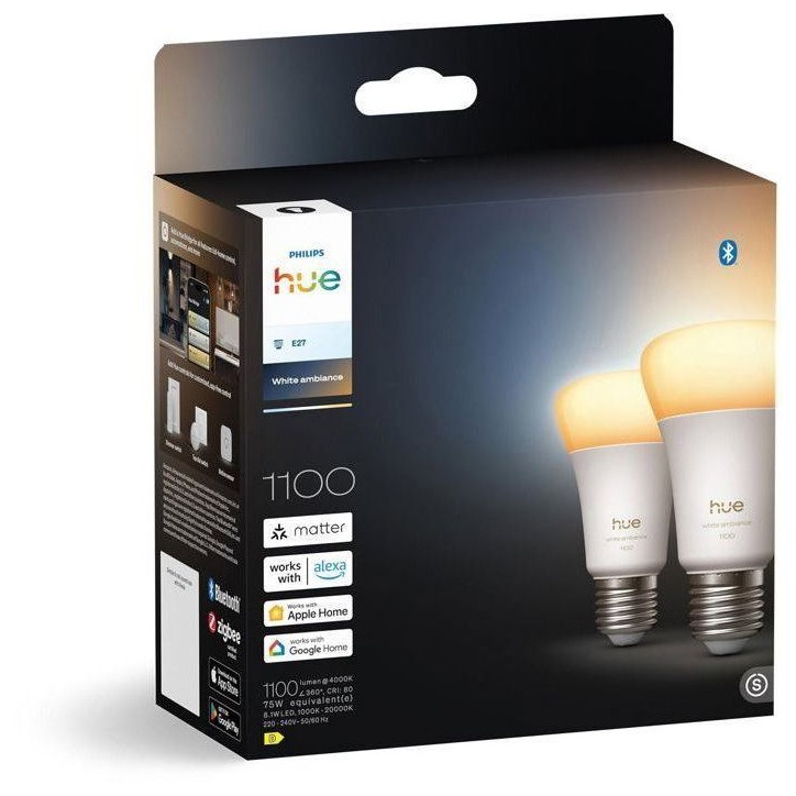 Pack de 2 ampoules LED connectées A60 - PHILIPS HUE - Lumiere blanche chaude - Culot E27 - 8,1W - 1000-2000k - 1100 lumens Pack de 2 ampoules LED connectées A60 - PHILIPS HUE - Lumiere blanche chaude - Culot E27 - 8,1W - 1000-2000k - 1100 lumens