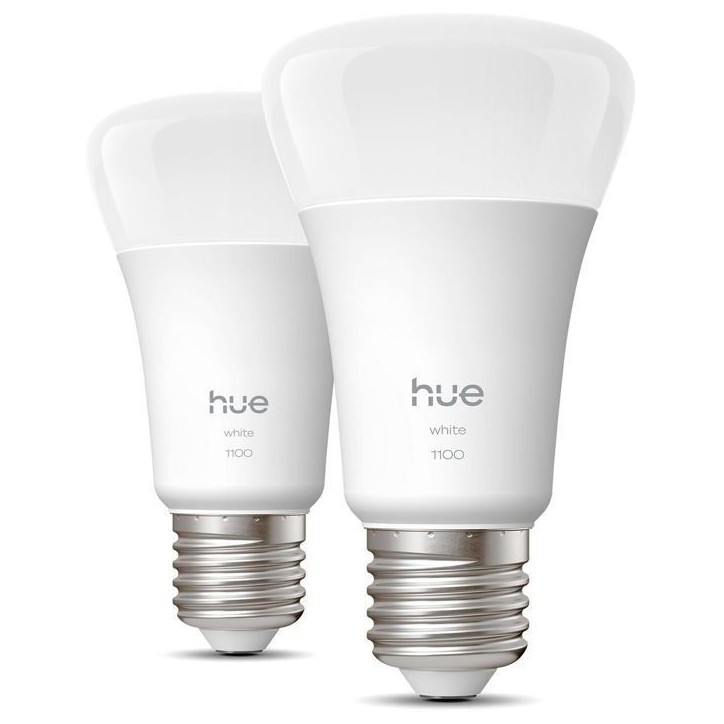 Pack de 2 ampoules LED connectées A60 - PHILIPS HUE - Lumiere blanche chaude - 2700K - Culot E27 - 9,5 W - 1100 lumens
