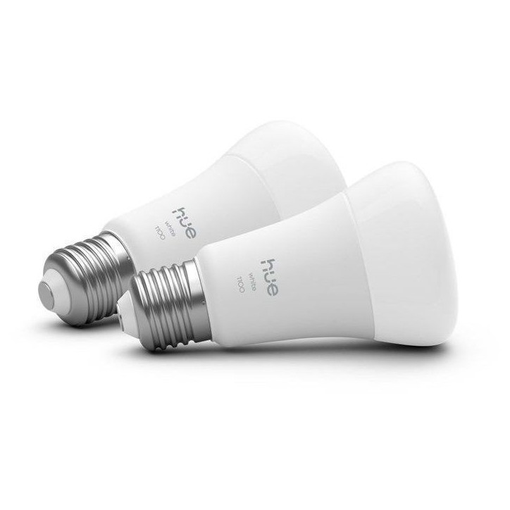 Pack de 2 ampoules LED connectées A60 - PHILIPS HUE - Lumiere blanche chaude - 2700K - Culot E27 - 9,5 W - 1100 lumens