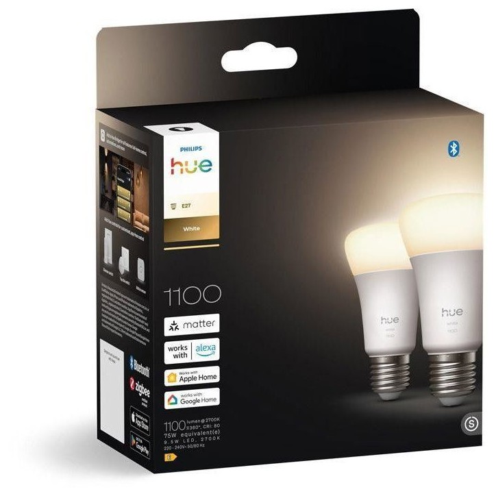 Pack de 2 ampoules LED connectées A60 - PHILIPS HUE - Lumiere blanche chaude - 2700K - Culot E27 - 9,5 W - 1100 lumens