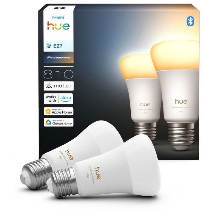 Pack de 2 ampoules LED connectées A60 - PHILIPS HUE - Lumiere blanche - Culot E27 - 6W - 1000-2000k - 810 lumens