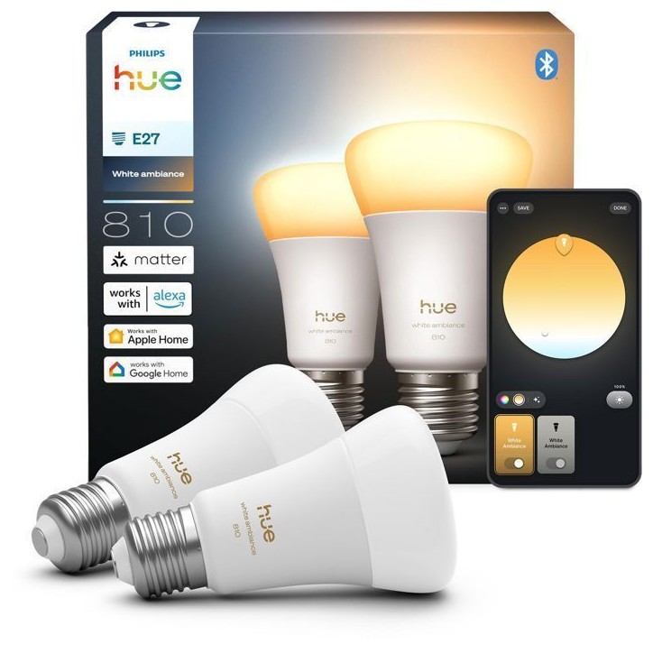 Pack de 2 ampoules LED connectées A60 - PHILIPS HUE - Lumiere blanche - Culot E27 - 6W - 1000-2000k - 810 lumens