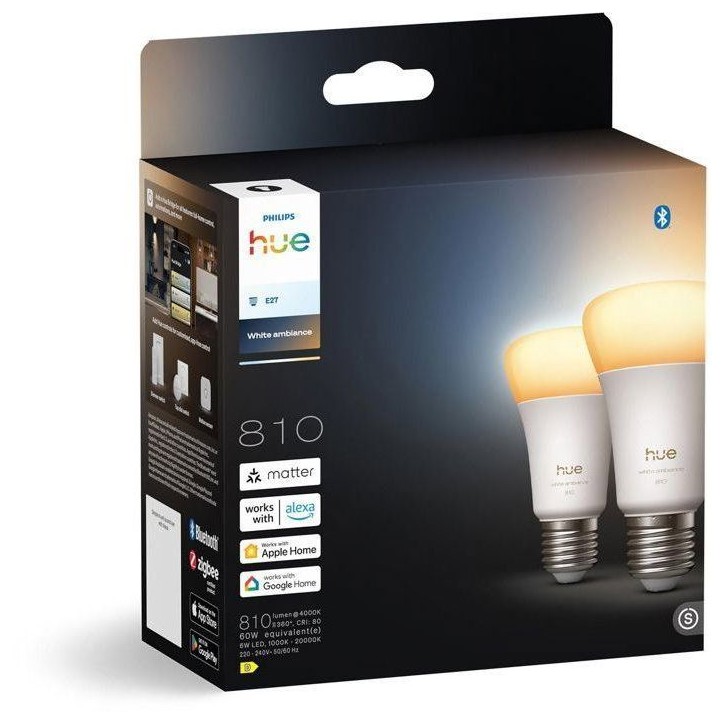 Pack de 2 ampoules LED connectées A60 - PHILIPS HUE - Lumiere blanche - Culot E27 - 6W - 1000-2000k - 810 lumens
