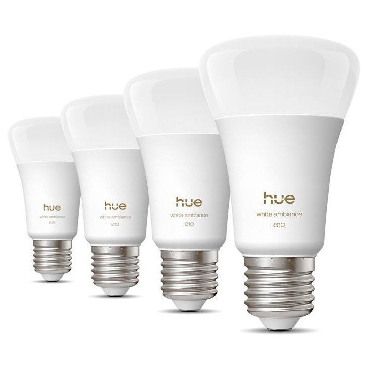 Pack de 4 ampoules LED connectées A60 - PHILIPS HUE - Lumiere blanche chaude - Culot E27 - 6W - 1000-2000k - 810 lumens Pack de 4 ampoules LED connectées A60 - PHILIPS HUE - Lumiere blanche chaude - Culot E27 - 6W - 1000-2000k - 810 lumens