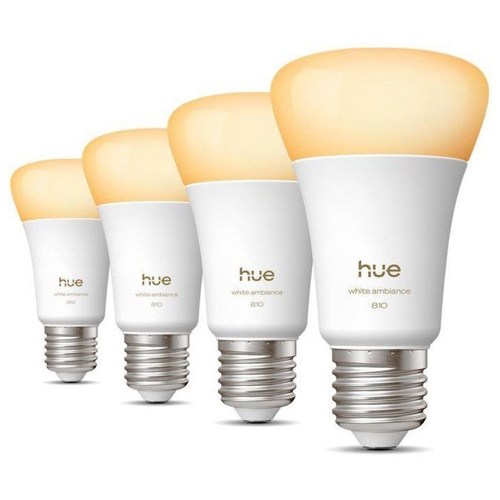Pack de 4 ampoules LED connectées A60 - PHILIPS HUE - Lumiere blanche chaude - Culot E27 - 6W - 1000-2000k - 810 lumens Pack de 4 ampoules LED connectées A60 - PHILIPS HUE - Lumiere blanche chaude - Culot E27 - 6W - 1000-2000k - 810 lumens