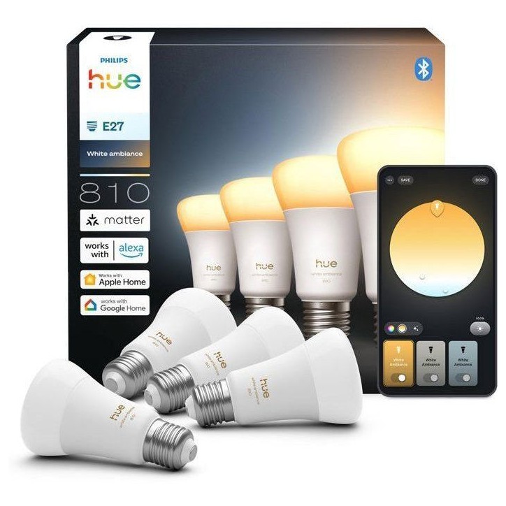 Pack de 4 ampoules LED connectées A60 - PHILIPS HUE - Lumiere blanche chaude - Culot E27 - 6W - 1000-2000k - 810 lumens Pack de 4 ampoules LED connectées A60 - PHILIPS HUE - Lumiere blanche chaude - Culot E27 - 6W - 1000-2000k - 810 lumens