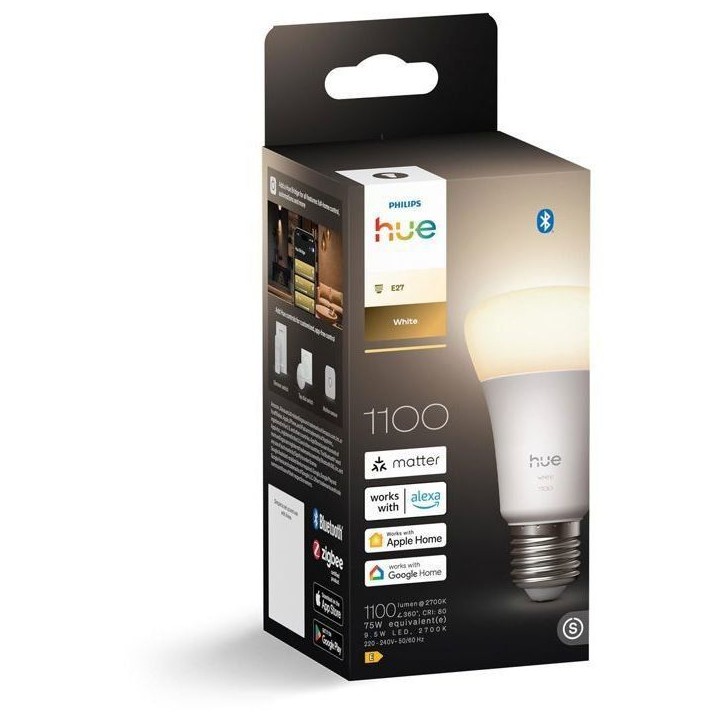 Ampoule LED connectée A60 - PHILIPS HUE - Lumiere blanche chaude - 2700K - Culot E27 - 9,5 W - 1100 lumens Ampoule LED connectée A60 - PHILIPS HUE - Lumiere blanche chaude - 2700K - Culot E27 - 9,5 W - 1100 lumens
