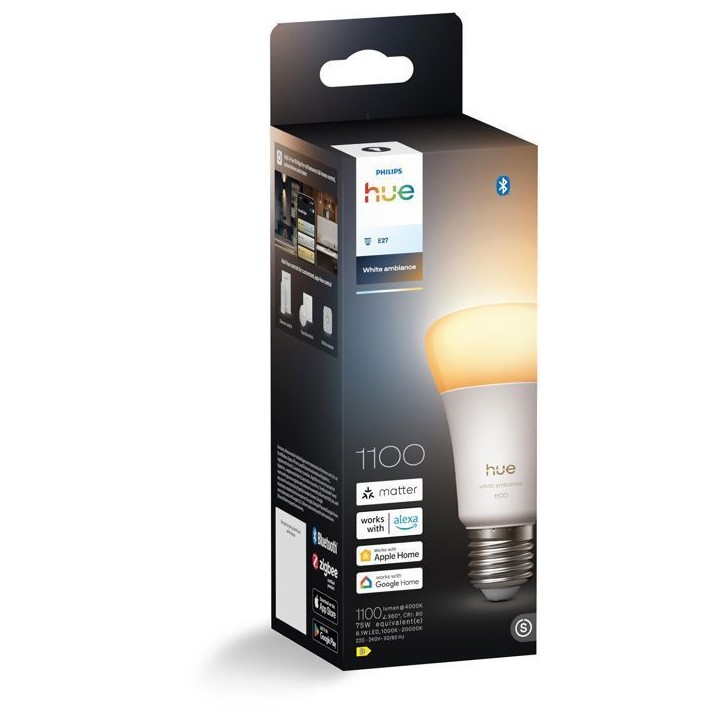 Ampoule LED connectée A60 - PHILIPS HUE - Lumiere blanche chaude - Culot E27 - 8,1W - 1000-2000k - 1100 lumens Ampoule LED connectée A60 - PHILIPS HUE - Lumiere blanche chaude - Culot E27 - 8,1W - 1000-2000k - 1100 lumens