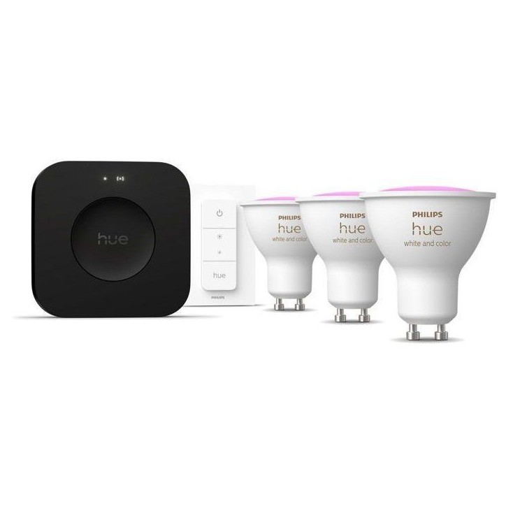Kit de démarrage - PHILIPS HUE - Lumiere blanche et ambiance colorée - 1 Bridge Pro + 3 3 spots GU10 400 lumens + 1 dimmer swi
