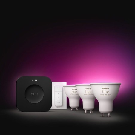 Kit de démarrage - PHILIPS HUE - Lumiere blanche et ambiance colorée - 1 Bridge Pro + 3 3 spots GU10 400 lumens + 1 dimmer swi