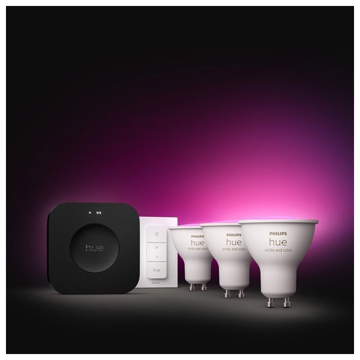 Kit de démarrage - PHILIPS HUE - Lumiere blanche et ambiance colorée - 1 Bridge Pro + 3 3 spots GU10 400 lumens + 1 dimmer swi
