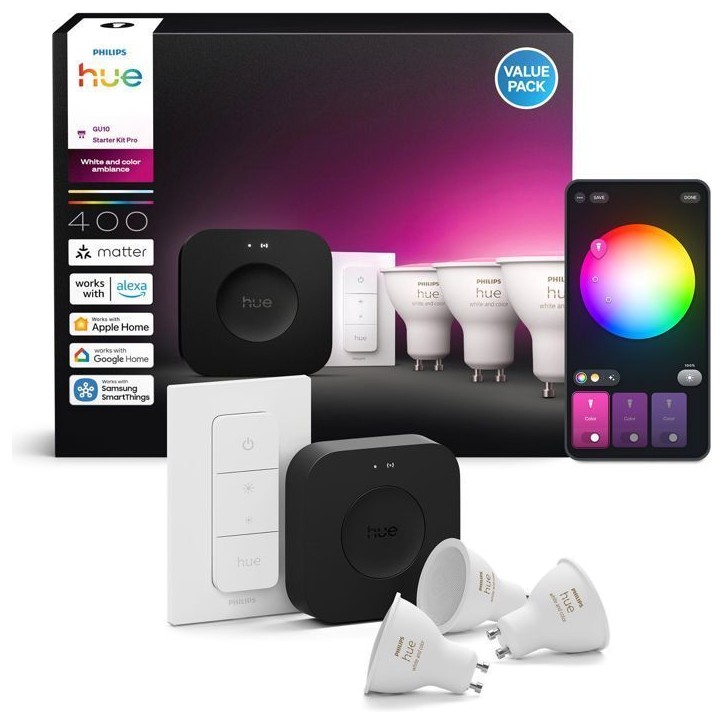 Kit de démarrage - PHILIPS HUE - Lumiere blanche et ambiance colorée - 1 Bridge Pro + 3 3 spots GU10 400 lumens + 1 dimmer swi