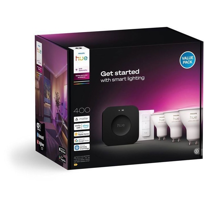 Kit de démarrage - PHILIPS HUE - Lumiere blanche et ambiance colorée - 1 Bridge Pro + 3 3 spots GU10 400 lumens + 1 dimmer swi