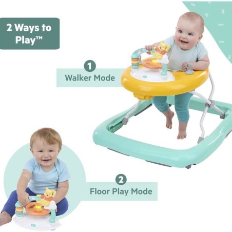 DISNEY BABY -WINNIE- Trotteur bébé évolutif et pliable 2-en-1, Jouet d'éveil amovible intégré, Musique, Lumieres, Hauteur