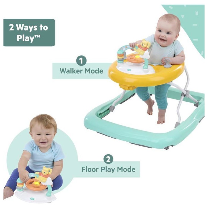 DISNEY BABY -WINNIE- Trotteur bébé évolutif et pliable 2-en-1, Jouet d'éveil amovible intégré, Musique, Lumieres, Hauteur