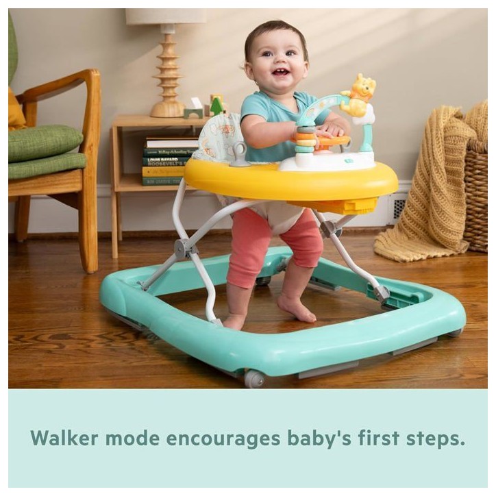 DISNEY BABY -WINNIE- Trotteur bébé évolutif et pliable 2-en-1, Jouet d'éveil amovible intégré, Musique, Lumieres, Hauteur