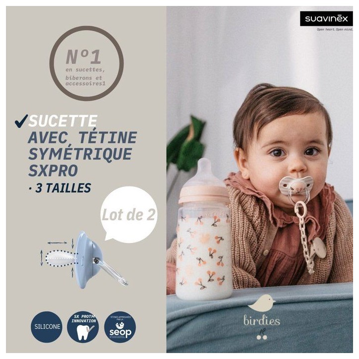 Lot de 2 sucettes symétriques - SUAVINEX - Birdies - SX Pro - 18 mois et plus - Rose Lot de 2 sucettes symétriques - SUAVINEX - Birdies - SX Pro - 18 mois et plus - Rose