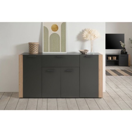 Buffet CENTO - Gris Anthracite & Chene Artisan - 4 portes, 1 tiroir -