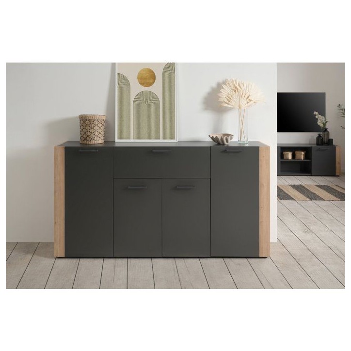 Buffet CENTO - Gris Anthracite & Chene Artisan - 4 portes, 1 tiroir - 162 x 35 x 85 cm Buffet CENTO - Gris Anthracite & Chene Artisan - 4 portes, 1 tiroir - 162 x 35 x 85 cm