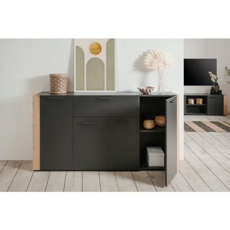 Buffet CENTO - Gris Anthracite & Chene Artisan - 4 portes, 1 tiroir - 162 x 35 x 85 cm