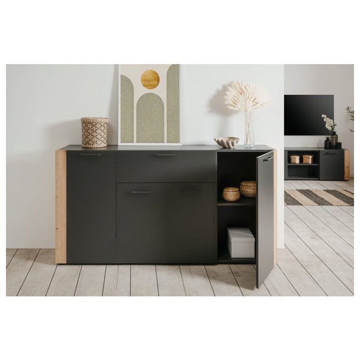 Buffet CENTO - Gris Anthracite & Chene Artisan - 4 portes, 1 tiroir - 162 x 35 x 85 cm Buffet CENTO - Gris Anthracite & Chene Artisan - 4 portes, 1 tiroir - 162 x 35 x 85 cm