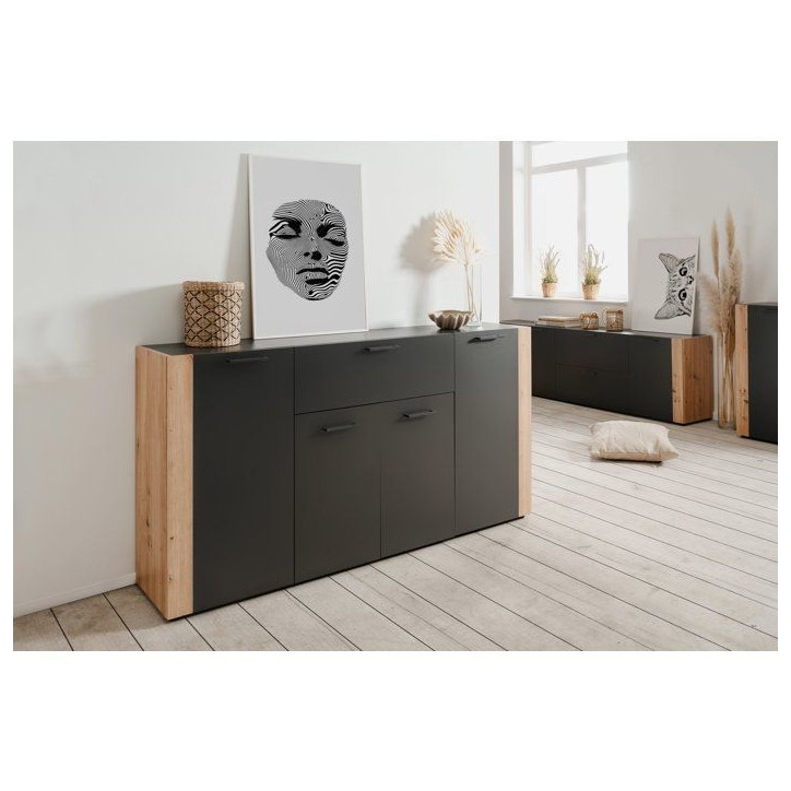 Buffet CENTO - Gris Anthracite & Chene Artisan - 4 portes, 1 tiroir - 162 x 35 x 85 cm Buffet CENTO - Gris Anthracite & Chene Artisan - 4 portes, 1 tiroir - 162 x 35 x 85 cm