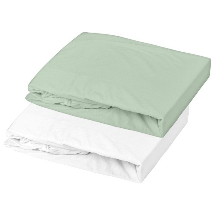 Lot de 2 draps housse - MON PTIT DODO - Jersey 100% coton - 60 x 120 cm - Blanc et vert de gris Lot de 2 draps housse - MON PTIT DODO - Jersey 100% coton - 60 x 120 cm - Blanc et vert de gris