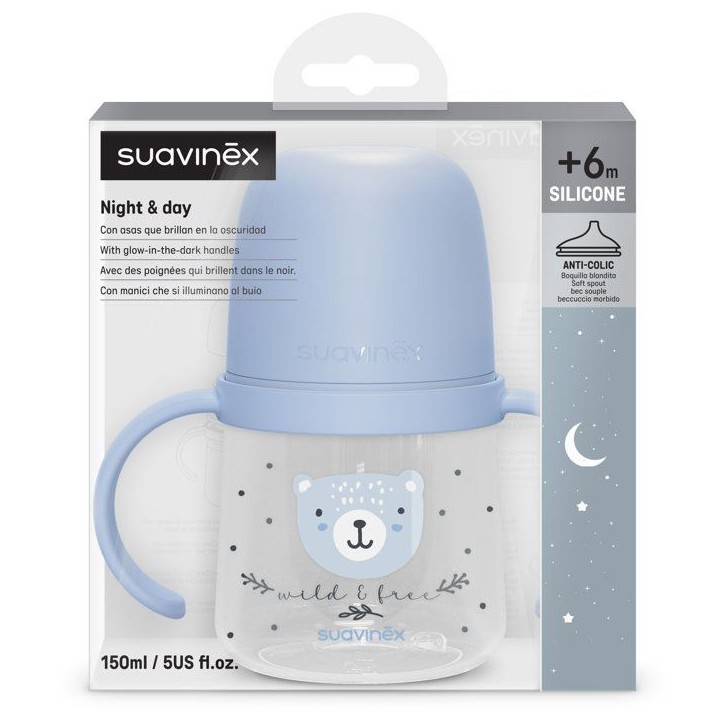 Biberon avec anses - SUAVINEX - NIGHT&DAY WILD&FREE - 150 ml - 6 mois et plus - Bleu Biberon avec anses - SUAVINEX - NIGHT&DAY WILD&FREE - 150 ml - 6 mois et plus - Bleu