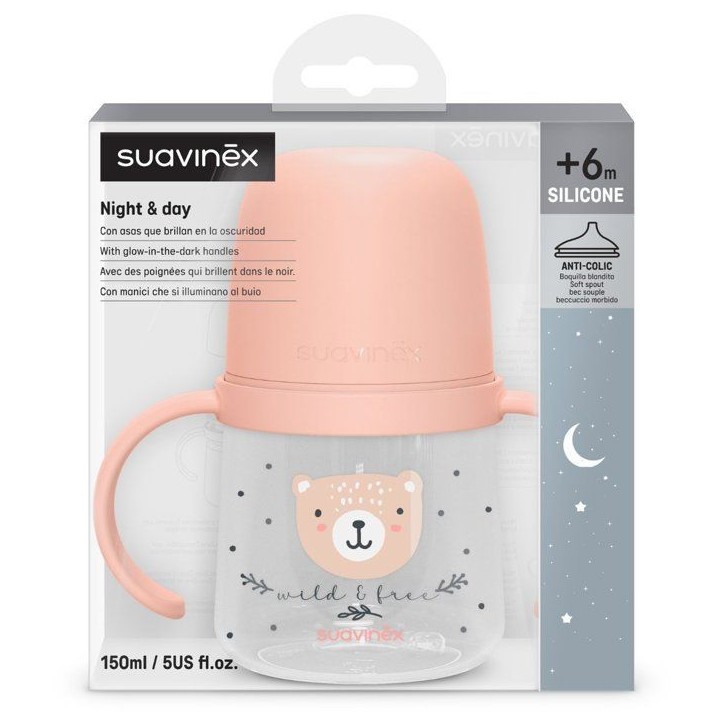 Biberon avec anses - SUAVINEX - NIGHT&DAY WILD&FREE - 150 ml - 6 mois et plus - Rose Biberon avec anses - SUAVINEX - NIGHT&DAY WILD&FREE - 150 ml - 6 mois et plus - Rose