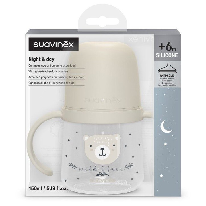 Biberon avec anses - SUAVINEX - NIGHT&DAY WILD&FREE - 150 ml - 6 mois et plus - Gris Biberon avec anses - SUAVINEX - NIGHT&DAY WILD&FREE - 150 ml - 6 mois et plus - Gris