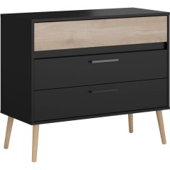 Commode - AALBORG - 3 tiroirs - Décor Noir et chene - Style Scandinav