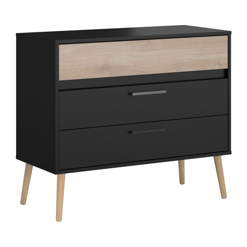 Commode - AALBORG - 3 tiroirs - Décor Noir et chene - Style Scandinav