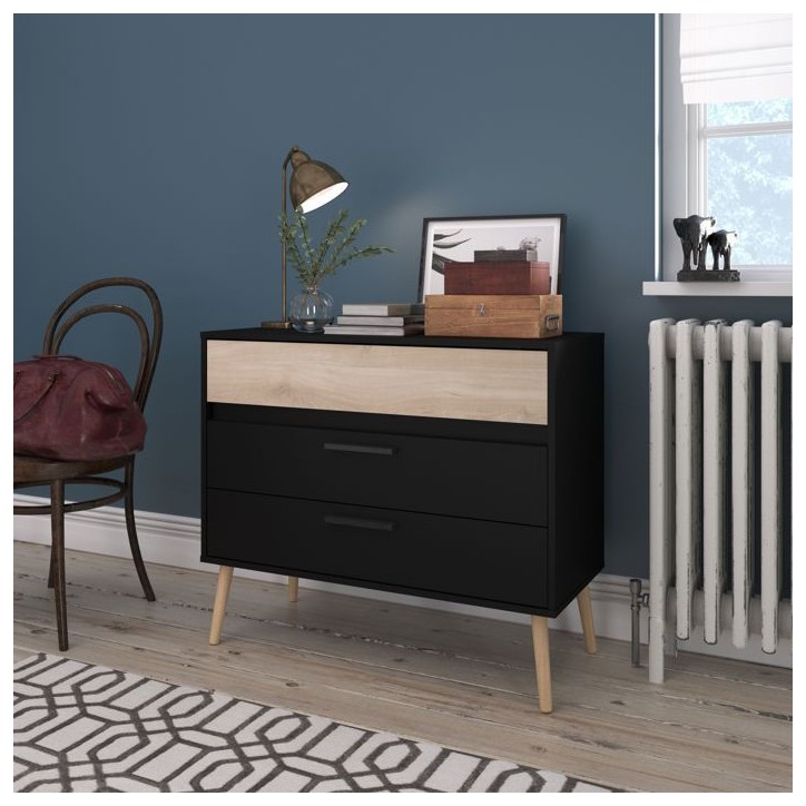 Commode - AALBORG - 3 tiroirs - Décor Noir et chene - Style Scandinave - L90,8 x P39,9 x H77,5 cm - PARISOT