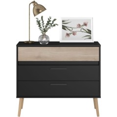 Commode - AALBORG - 3 tiroirs - Décor Noir et chene - Style Scandinav