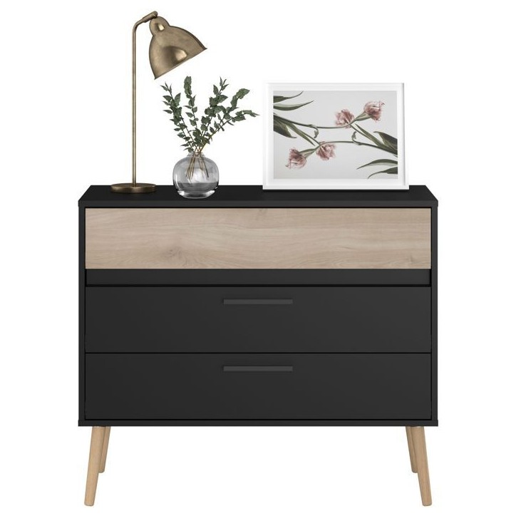 Commode - AALBORG - 3 tiroirs - Décor Noir et chene - Style Scandinave - L90,8 x P39,9 x H77,5 cm - PARISOT