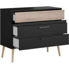 Commode - AALBORG - 3 tiroirs - Décor Noir et chene - Style Scandinav