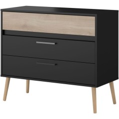Commode - AALBORG - 3 tiroirs - Décor Noir et chene - Style Scandinav