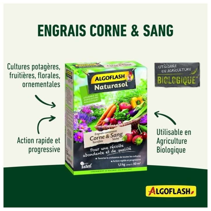 ALGOFLASH NATURASOL - Engrais corne torréfiée et sang séché 1.5kg