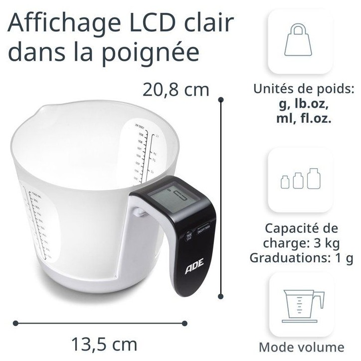 Pichet Gradué/balance - ADE - FRANCA - Verre/Synthétique - 20,7 x 14,6 cm - Inclus 1 pile Cr2032