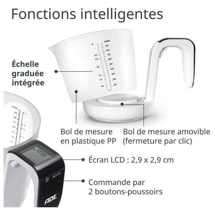 Pichet Gradué/balance - ADE - FRANCA - Verre/Synthétique - 20,7 x 14,6 cm - Inclus 1 pile Cr2032