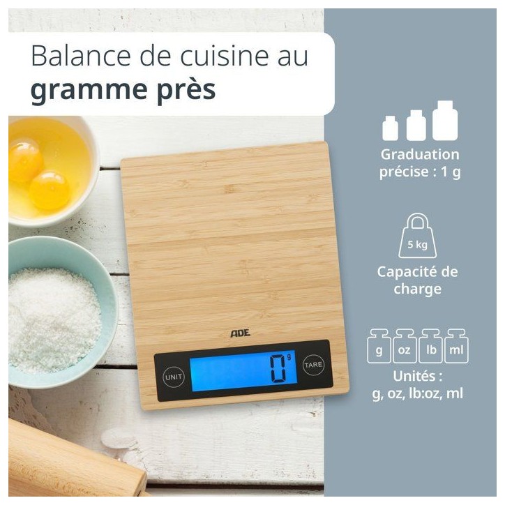 Balance de cuisine digitale - ADE - RAMONA - Bambou - 23 x 18 x 2 cm - Inclus 2 piles Cr2032