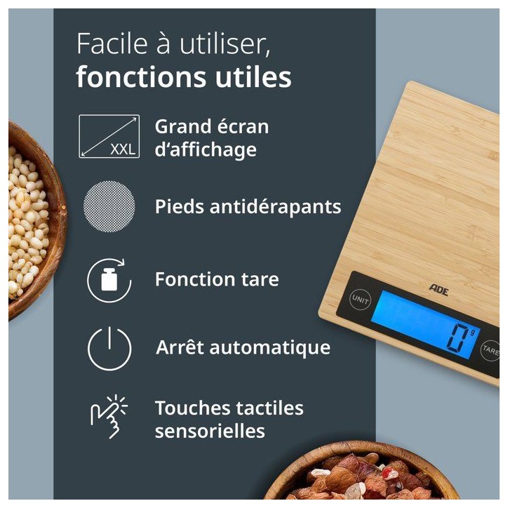 Balance de cuisine digitale - ADE - RAMONA - Bambou - 23 x 18 x 2 cm - Inclus 2 piles Cr2032
