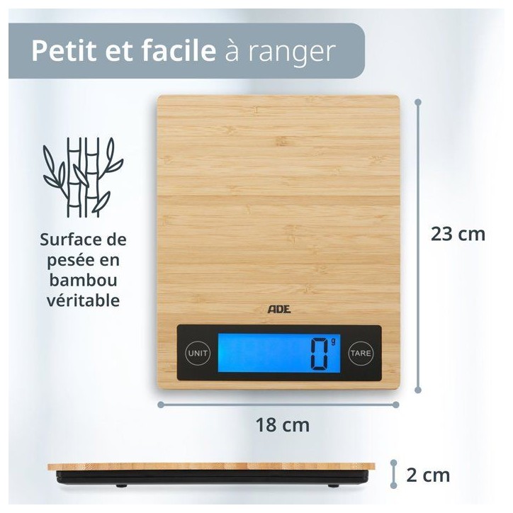 Balance de cuisine digitale - ADE - RAMONA - Bambou - 23 x 18 x 2 cm - Inclus 2 piles Cr2032